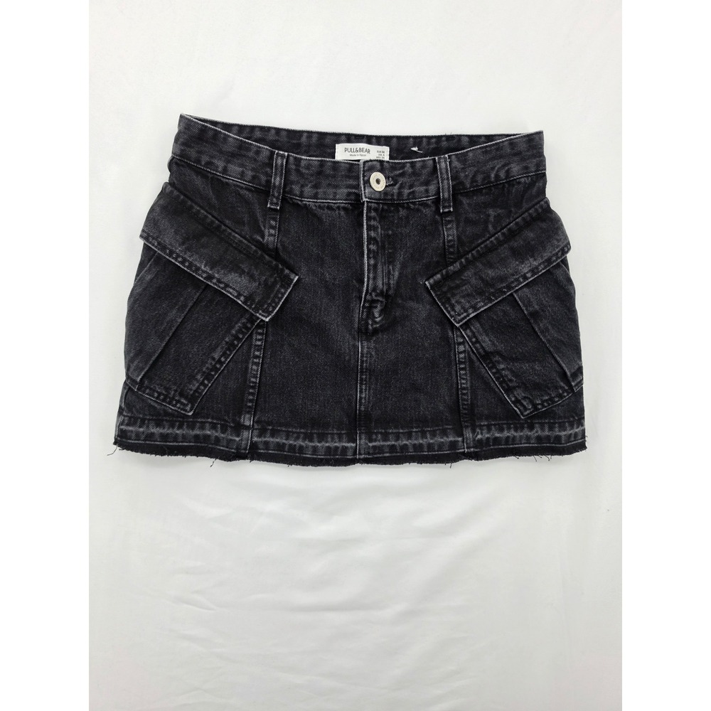 Pull&Bear Black Denim Cargo Mini Skirt Utility Frayed Hem Y2K Streetwear Size 4
